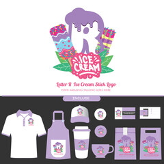 Purple Letter R Delicious Melting Ice Cream Sticks Logo on White Background for Ice Cream Shop with Brand Identity Include Shirt. Apron. Hat. Cup. Pin. Glass. Business Card. Paper Bag
