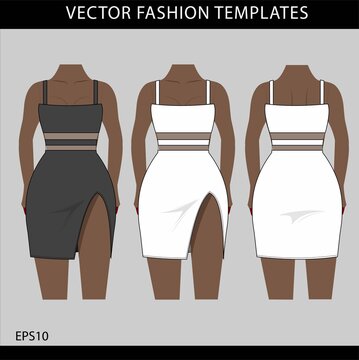 MINI DRESS FASHION FLAT SKETCH TEMPLATE, SEXY DRESS FRONT AND BACK