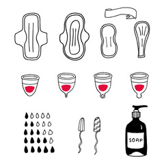 Feminine hygiene products for menstruation, doodle set. Sanitary pads, menstrual cups and tampons isolated icons.