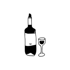 Wine bottle and glass of wine hand drawn icon, black and white isolated