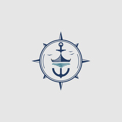 Sailing boat with ocean wave badge logo and vintage retro anchors
