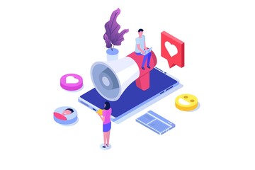 Fototapeta na wymiar Content SMM manager strategy processes concept. Flat vector isometric illustration.
