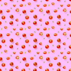 Seamless pattern with red ripe tomatoes. Tomato isolated on rose background. Vegetable abstract seamless pattern. Organic Tomatoes flat lay