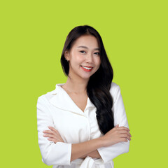 Asian business woman looks smart for marketing teams, Business casual outfit, isolated with green background