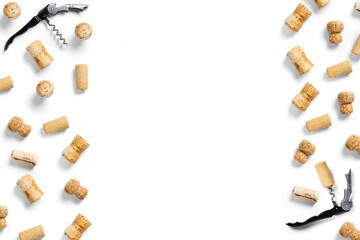 wine corks creative flat lay layout on a white backlit background. flatlay creative wine set with...