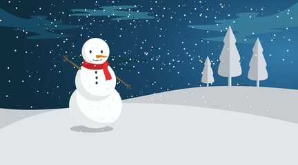 Fototapeta premium Snowman at Night in Winter with Blue Sky