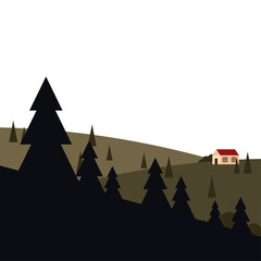 house at mountain with pine trees landscape vector design