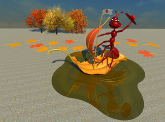 Autumn dream 3D illustration 4. Giant red ant character sailing in a puddle, waving his hat goodbye. Autumn background. Collection.