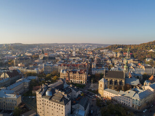 Fototapeta na wymiar Architecture of Lviv. The old part of town. Evening autumn panorama with aerial view