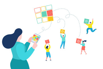 Concept of Creative teamwork. Woman assigns tasks via mobile app.
