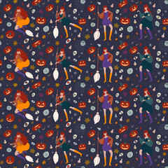 Seamless pattern with a beautiful witch flying on a broom, pumpkins, potions, spiders and witchcraft elements.