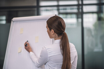 Back view of brown-haired female in white shirt writing on flipchart