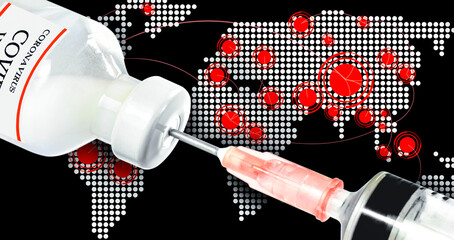 Syringe and coronavirus covid-19  vaccine with world map background.