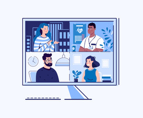 Videoconference, webinar. The concept of online meetings. Vector. Flat cartoon style. Illustration.