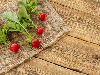 Ripe red radishes with green leaves on sackcloth and wooden boards.