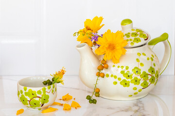 yellow flowers cosmos with teapot ,cup arrangement flat lay postcard style on background white 