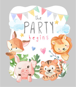 Party Card with Colorful Wild Animal Friends Illustration