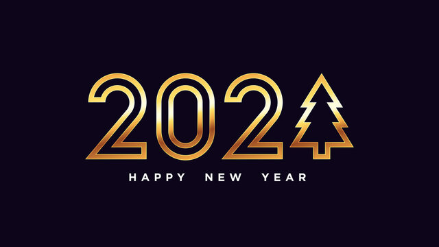 Happy New 2021 Year. Golden Outline Number 2021 With Christmas Tree, Shiny Gold Digits