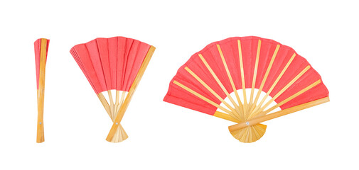 Bamboo fan or red  oriental fan isolated on white Background with clipping path included.