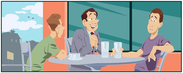 Friends chatting in cafe. Illustration for internet.