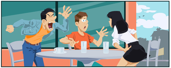 Friends quarrel in cafe. Illustration for internet.