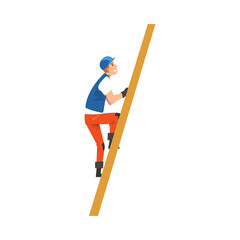 Construction Worker Climbing Ladder, Male Builder Character Wearing Uniform and Protective Helmet Building House Cartoon Vector Illustration