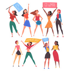8 March, Women Fighting for their Rights Set, Empowerment Movement, International Women Day Vector Illustration