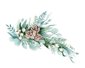 watercolor illustration.  Christmas plants, berries, leaves and cones on a white background.  flower composition
