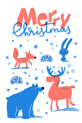 Merry Christmas vector winter poster with cute animals