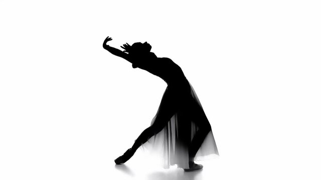 Silhouette of ballerina dancing classical moves on white background