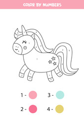 Coloring page with cute cartoon pink unicorn.