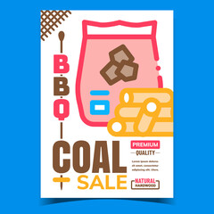 Bbq Coal Sale Creative Advertising Poster Vector. Barbeque Coals Package And Natural Firewood Promotional Banner. Charcoal In Paper Bag Sack Concept Template Style Color Illustration