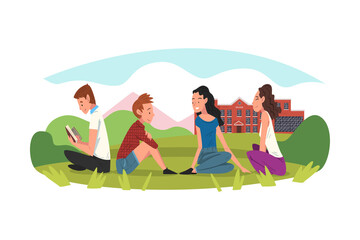 Obraz premium Male and Female Students Sitting on Green Lawn, People Talking to Each Other in front of College Building Vector Illustration