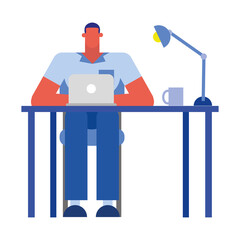 Isolated businessman cartoon with laptop at desk vector design