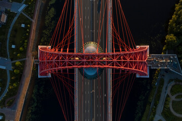 Aerial top-down shot of a bridge in Moscow, Russia. Contrast light. No people or cars