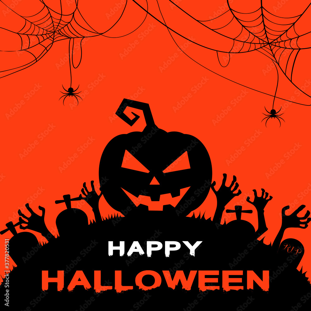 Wall mural Happy halloween ghost night with pumpkin and zombie hand. Poster vector