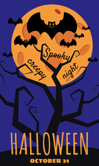 Halloween holiday greeting card bats moon tree. Template banner, flyer, poster vector illustration