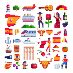 Spain traditional elements pixel art 80s style icons, guitar, flamenco dancer, spanish flag and football player, character in national dress Isolated vector illustration. 8-bit. Design stickers, logo.
