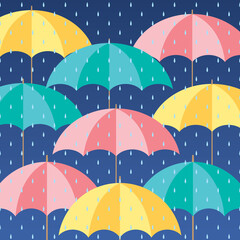 Colorful Umbrellas In The Rain Background Vector Illustration.