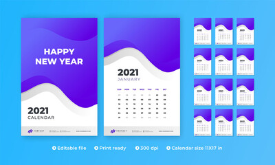 2021 Wall Calendar With Modern Creative Design and 1 to 12 Month Vector Illustration