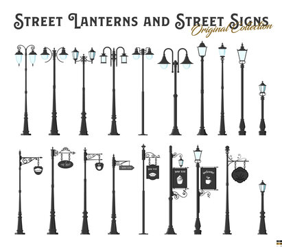 Retro Street Lanterns and Street Signs, Vector Set 