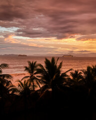 Fototapeta na wymiar Beautiful aerial view of the majestic sunset with palm trees, ocean and cruise ships in Costa Rica 