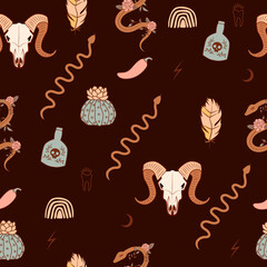 Seamless pattern with mystical, wild west and Mexican elements. Buffalo skull, cactus, pepper, snake, feather, snake and doodle. Editable vector illustration.