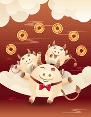 Happy Chinese New Year 2021 of ox on dark red clouds background. Symbol oriental prosperity and wealth. Celebration card with cute mascot year and gold coins, CNY. Vector holiday stock illustration.
