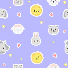 Seamless patterns. Childrens collection. Cute animal stickers - lion, dog and rabbit, hare and sheep, cat and horse on a blue background with hearts. For design, textiles and packaging. Vector 