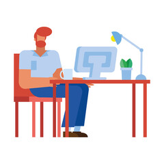 Isolated businessman cartoon with computer at desk vector design