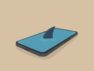 a hidden threat: a shark fin above the mobile phone screen surface, digital addiction, a darknet concept