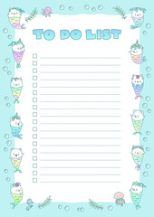 To do list. Planner decorated with cute illustrations of little kittens with mermaid tails. Vector 10 ESP.