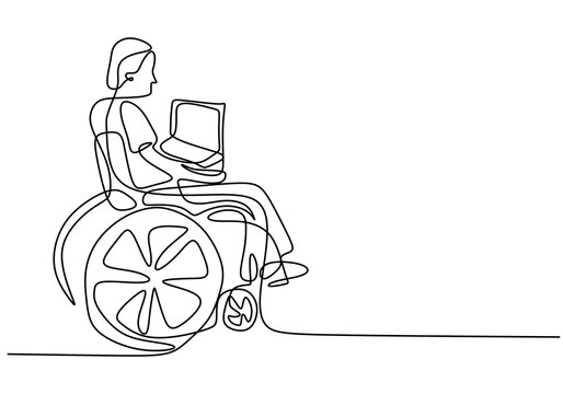 One Line Drawing Of Disabled Man In Wheelchair Using Laptop At Home. A Businessman In Disability Work From Home. Inspiring The Spirit Of Life Isolated On White Background. Vector Design Illustration