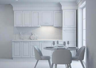 Modern kitchen interior. Gray interior. 3D rendering.